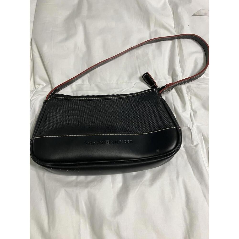 Vtg 90s Tommy Hilfiger Canvas Faux Leather Shoulder Bag Purse Sz S Black Y2K